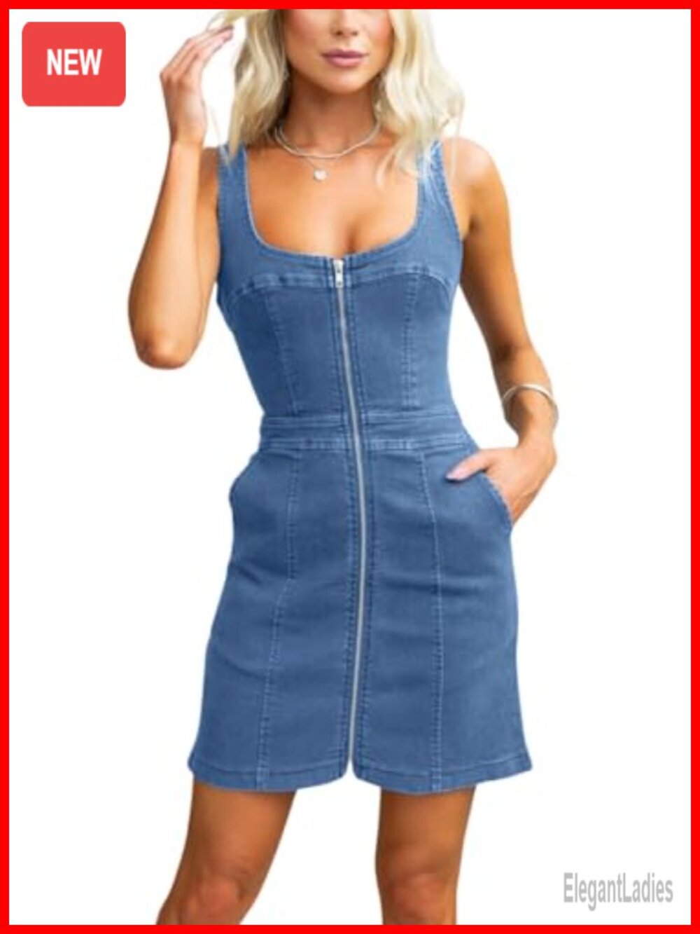Sleeveless Denim Tank Dress Zipper Front Mini Casual Summer Jean Dress with